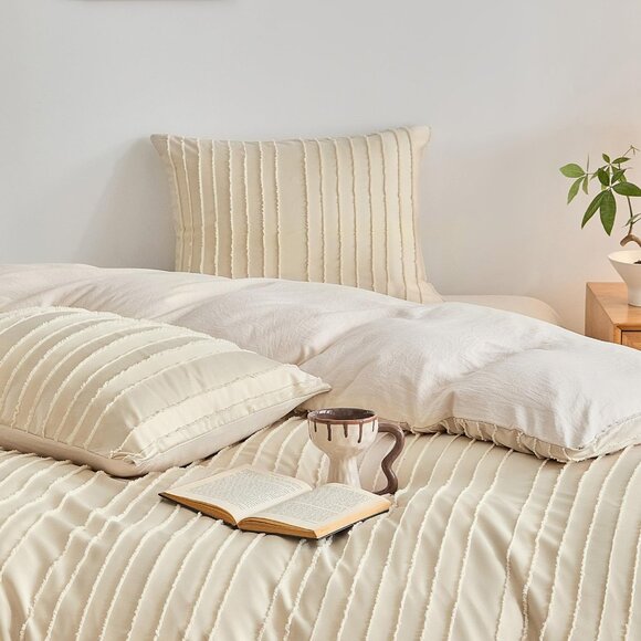 Boho Duvet Cover Striped Textured Duvet Cover Set Tufted Bedding Set  Khaki - Picture 8 of 8